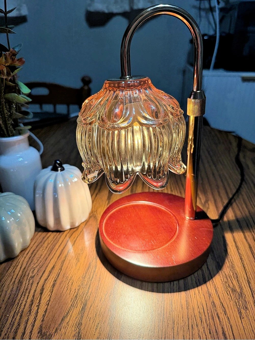Amber Glass Candle Lamp in Gold